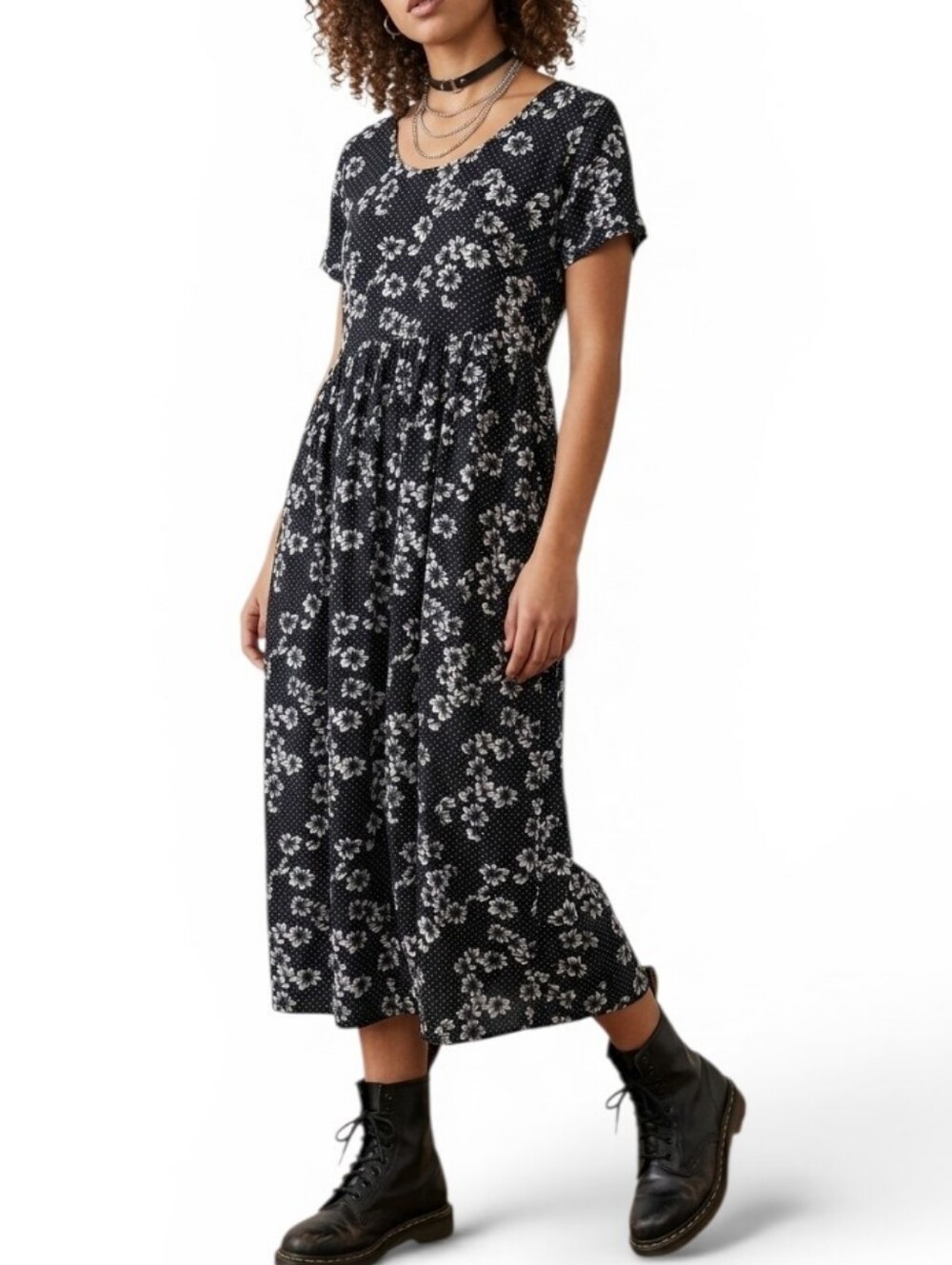Vintage 90s Floral Polka Dot Midi Dress Short Sleeve Black White